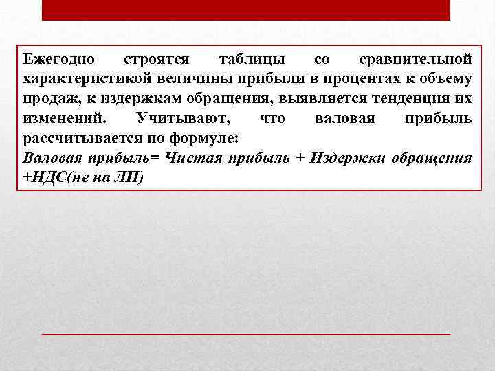 Ежегодно строятся таблицы со сравнительной характеристикой величины прибыли в процентах к объему продаж, к