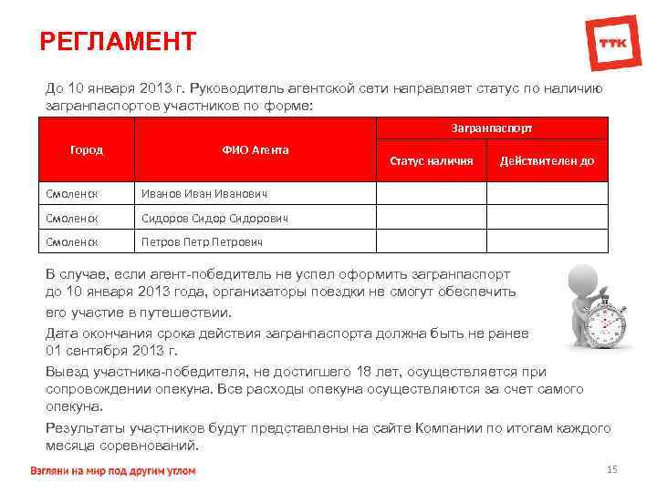 РЕГЛАМЕНТ До 10 января 2013 г. Руководитель агентской сети направляет статус по наличию загранпаспортов