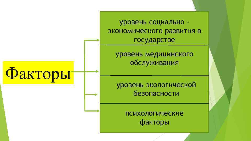 уровень социально – экономического развития в государстве Факторы уровень медицинского обслуживания уровень экологической безопасности