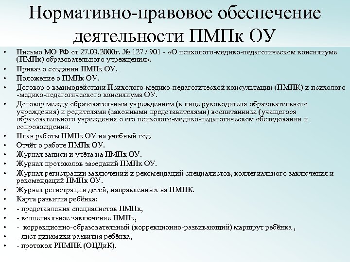 Нормативно-правовое обеспечение деятельности ПМПк ОУ • • • • • Письмо МО РФ от