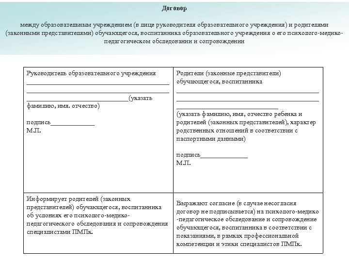 Договор между образовательным учреждением (в лице руководителя образовательного учреждения) и родителями (законными представителями) обучающегося,