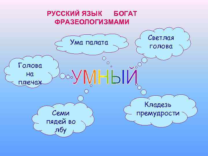 РУССКИЙ ЯЗЫК БОГАТ ФРАЗЕОЛОГИЗМАМИ Ума палата Светлая голова Голова на плечах Семи пядей во