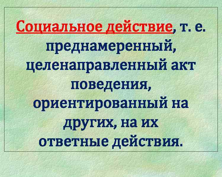 Социальное действие, т. е. преднамеренный, целенаправленный акт поведения, ориентированный на других, на их ответные