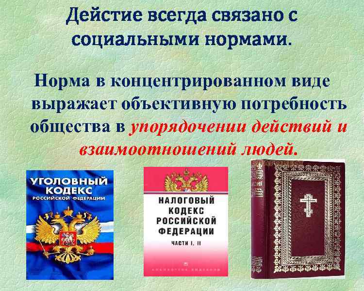 Дейстие всегда связано с социальными нормами. Норма в концентрированном виде выражает объективную потребность общества