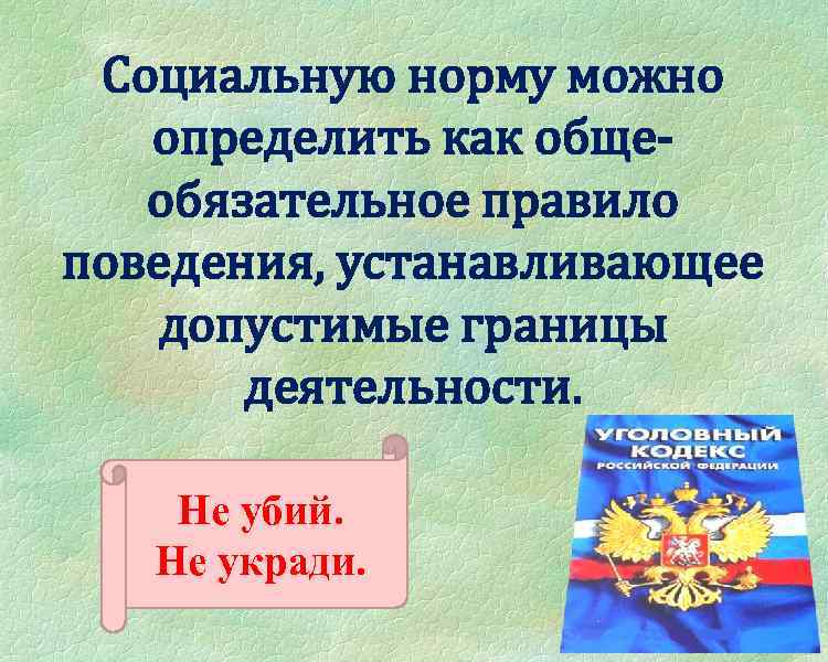 Социальную норму можно определить как общеобязательное правило поведения, устанавливающее допустимые границы деятельности. Не убий.