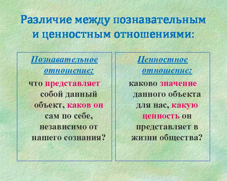 Различие между познавательным и ценностным отношениями: Познавательное отношение: что представляет собой данный объект, каков