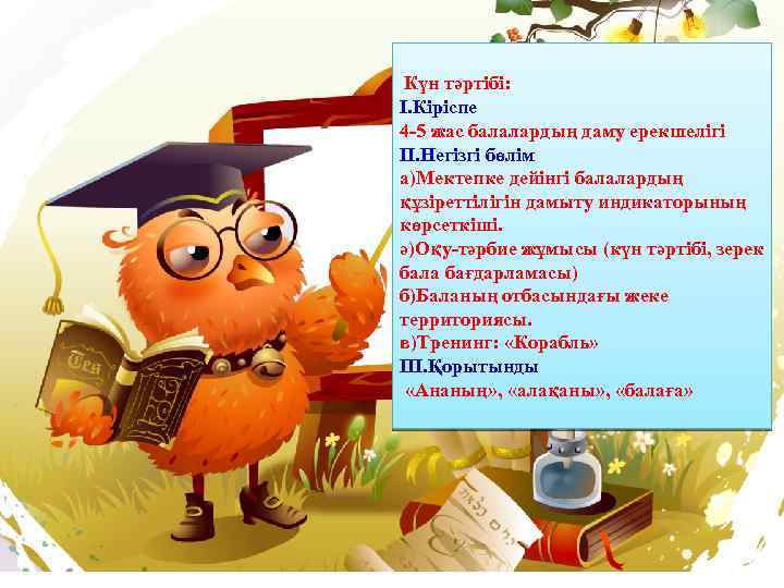 Күн тәртібі: І. Кіріспе 4 -5 жас балалардың даму ерекшелігі ІІ. Негізгі бөлім а)Мектепке