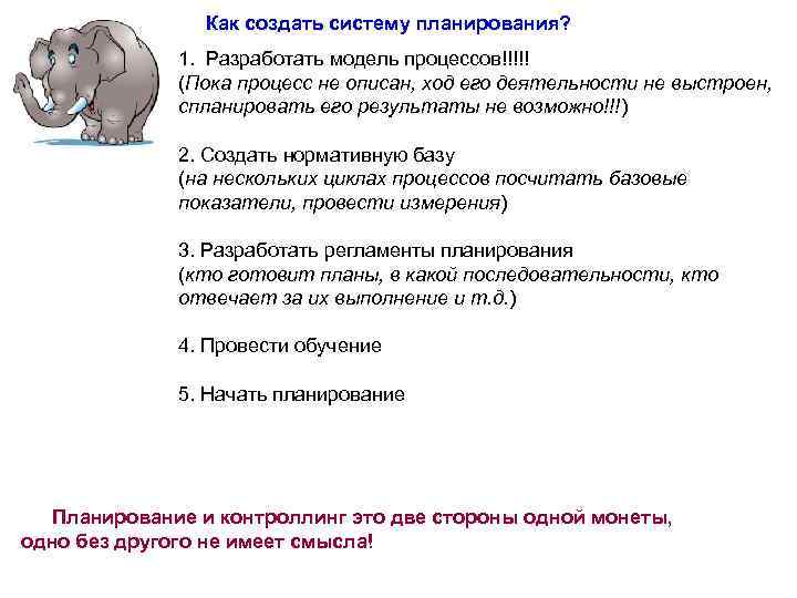 Как создать систему планирования? 1. Разработать модель процессов!!!!! (Пока процесс не описан, ход его