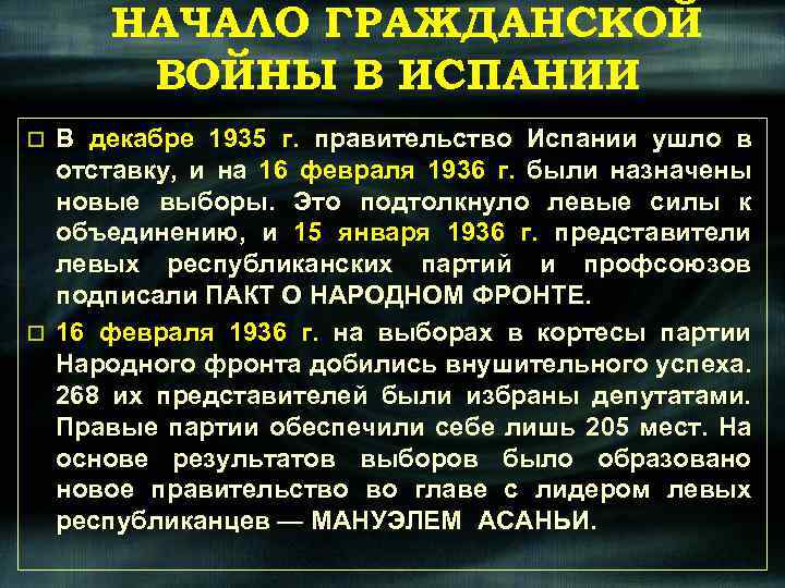 НАЧАЛО ГРАЖДАНСКОЙ ВОЙНЫ В ИСПАНИИ В декабре 1935 г. правительство Испании ушло в отставку,