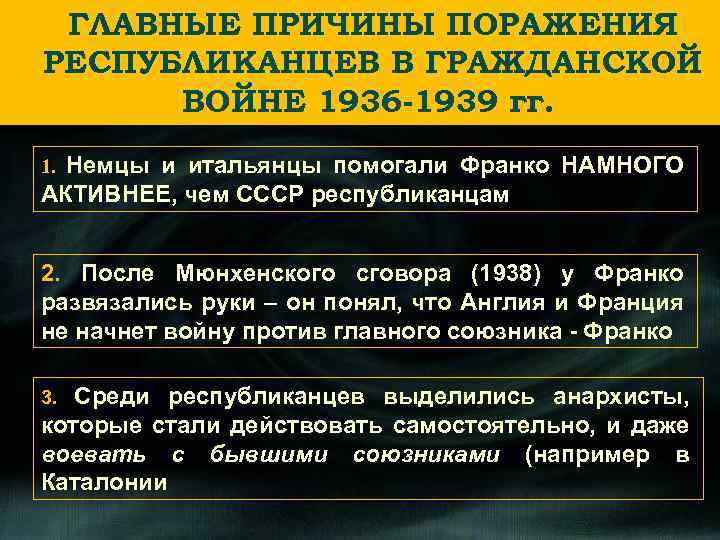 ГЛАВНЫЕ ПРИЧИНЫ ПОРАЖЕНИЯ РЕСПУБЛИКАНЦЕВ В ГРАЖДАНСКОЙ ВОЙНЕ 1936 -1939 гг. Немцы и итальянцы помогали