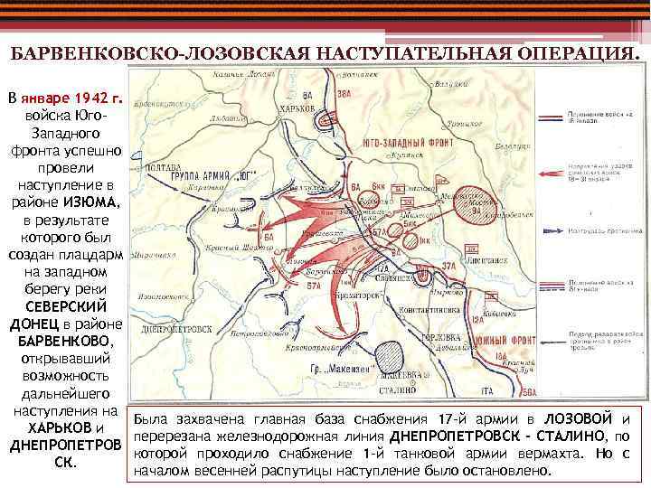 БАРВЕНКОВСКО-ЛОЗОВСКАЯ НАСТУПАТЕЛЬНАЯ ОПЕРАЦИЯ. В январе 1942 г. войска Юго. Западного фронта успешно провели наступление