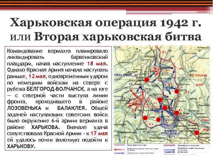 Харьковская операция 1942 г. или Вторая харьковская битва Командование вермахта планировало ликвидировать барвенковский плацдарм,