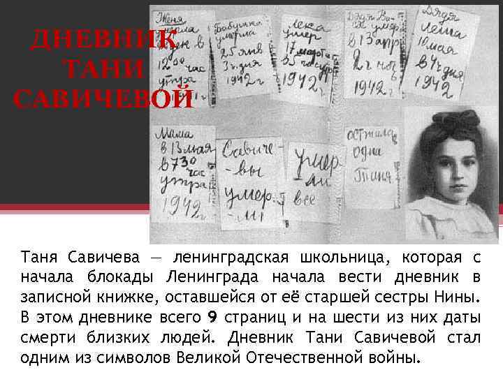 ДНЕВНИК ТАНИ САВИЧЕВОЙ Таня Савичева — ленинградская школьница, которая с начала блокады Ленинграда начала