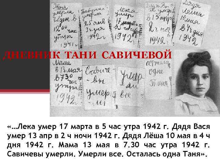 ДНЕВНИК ТАНИ САВИЧЕВОЙ «…Лека умер 17 марта в 5 час утра 1942 г. Дядя