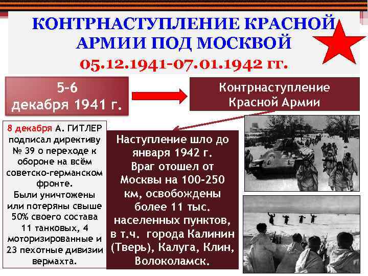 КОНТРНАСТУПЛЕНИЕ КРАСНОЙ АРМИИ ПОД МОСКВОЙ 05. 12. 1941 -07. 01. 1942 гг. 5 -6