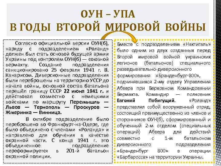 ОУН – УПА В ГОДЫ ВТОРОЙ МИРОВОЙ ВОЙНЫ Согласно официальной версии ОУН(б), наряду с