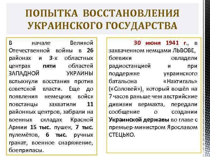 ПОПЫТКА ВОССТАНОВЛЕНИЯ УКРАИНСКОГО ГОСУДАРСТВА В начале Великой Отечественной войны в 26 районах и 3