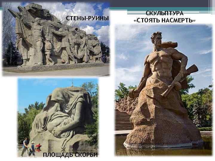 СТЕНЫ-РУИНЫ ПЛОЩАДЬ СКОРБИ СКУЛЬПТУРА «СТОЯТЬ НАСМЕРТЬ» 