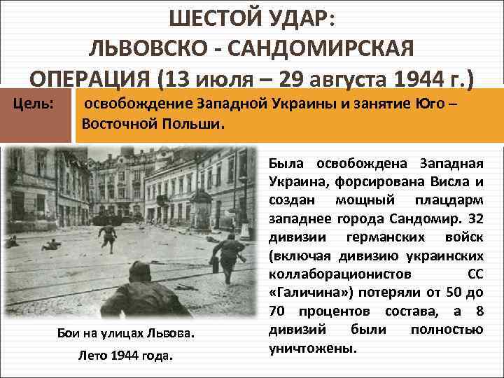 Восьмой сталинский удар полководец. Шестой удар Львовско-Сандомирская операция. Львовско-Сандомирская операция 1944. Львовско-Сандомирская операция (13 июля — 29 августа 1944). Освобождение Западной Украины 1944 карта.