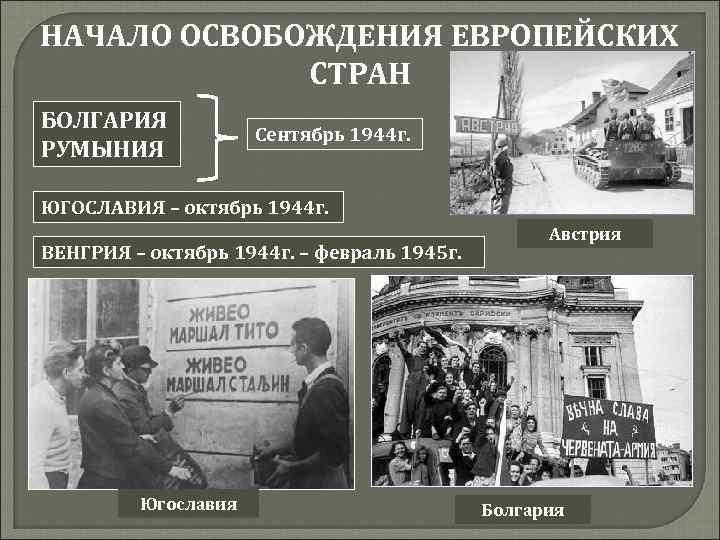 НАЧАЛО ОСВОБОЖДЕНИЯ ЕВРОПЕЙСКИХ СТРАН БОЛГАРИЯ РУМЫНИЯ Сентябрь 1944 г. ЮГОСЛАВИЯ – октябрь 1944 г.