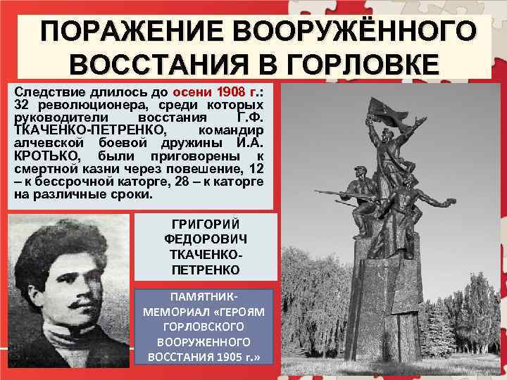  ПОРАЖЕНИЕ ВООРУЖЁННОГО ВОССТАНИЯ В ГОРЛОВКЕ Следствие длилось до осени 1908 г. : 32