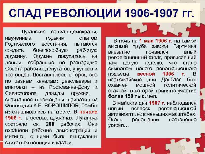 СПАД РЕВОЛЮЦИИ 1906 -1907 гг. Луганские социал-демократы, наученные горьким опытом Горловского восстания, пытаются создать