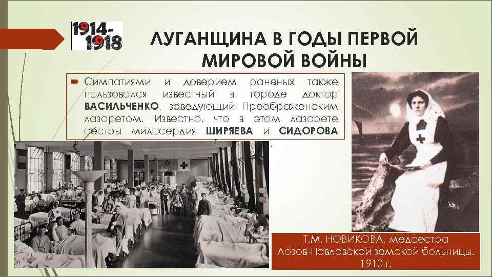 ЛУГАНЩИНА В ГОДЫ ПЕРВОЙ МИРОВОЙ ВОЙНЫ Симпатиями и доверием раненых также пользовался известный в