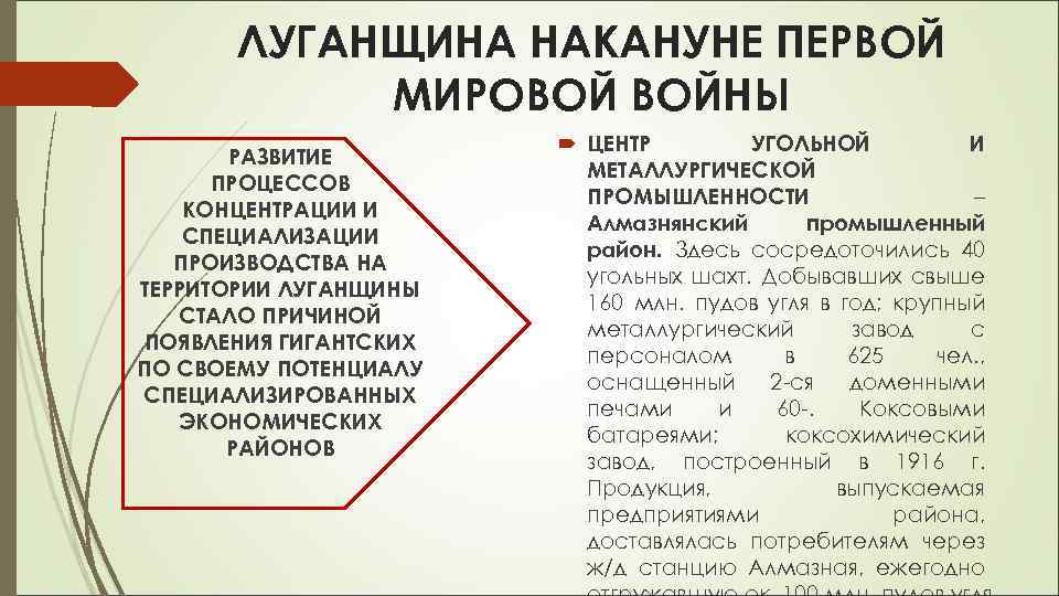 ЛУГАНЩИНА НАКАНУНЕ ПЕРВОЙ МИРОВОЙ ВОЙНЫ РАЗВИТИЕ ПРОЦЕССОВ КОНЦЕНТРАЦИИ И СПЕЦИАЛИЗАЦИИ ПРОИЗВОДСТВА НА ТЕРРИТОРИИ ЛУГАНЩИНЫ