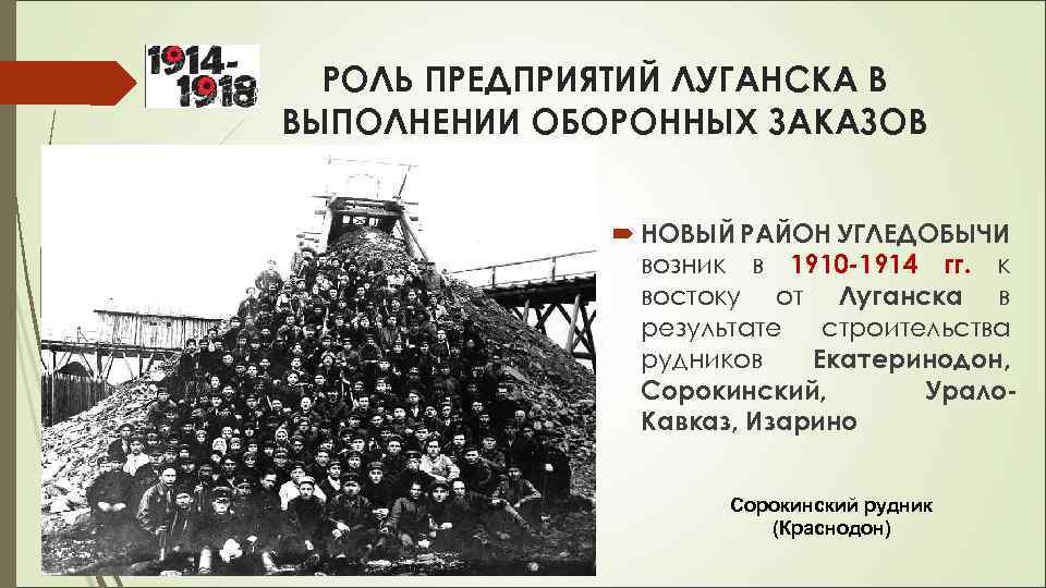 РОЛЬ ПРЕДПРИЯТИЙ ЛУГАНСКА В ВЫПОЛНЕНИИ ОБОРОННЫХ ЗАКАЗОВ НОВЫЙ РАЙОН УГЛЕДОБЫЧИ возник в 1910 -1914