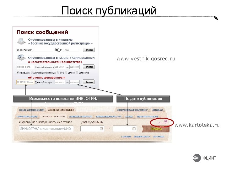  Поиск публикаций www. vestnik-gosreg. ru Возможности поиска по ИНН, ОГРН, Наименованию, ФИО По