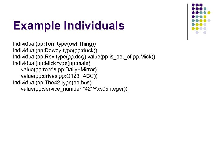 Example Individuals Individual(pp: Tom type(owl: Thing)) Individual(pp: Dewey type(pp: duck)) Individual(pp: Rex type(pp: dog)