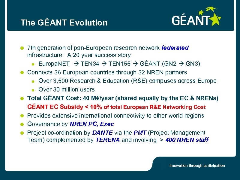 The GÉANT Evolution 7 th generation of pan-European research network federated infrastructure: A 20