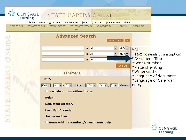 Advanced Search Limiters Date exclude entries without dates Reign Document category Country or County