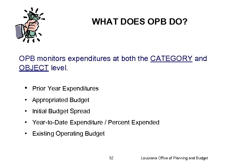 WHAT DOES OPB DO? OPB monitors expenditures at both the CATEGORY and OBJECT level.