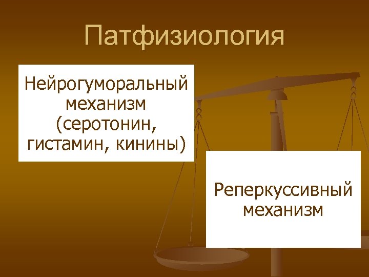 Патфизиология Нейрогуморальный механизм (серотонин, гистамин, кинины) Реперкуссивный механизм 
