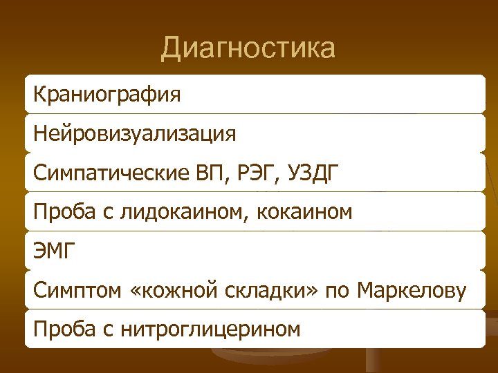 Диагностика Краниография Нейровизуализация Симпатические ВП, РЭГ, УЗДГ Проба с лидокаином, кокаином ЭМГ Симптом «кожной