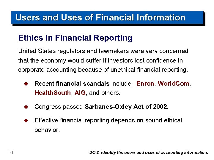 Users and Uses of Financial Information Ethics In Financial Reporting United States regulators and