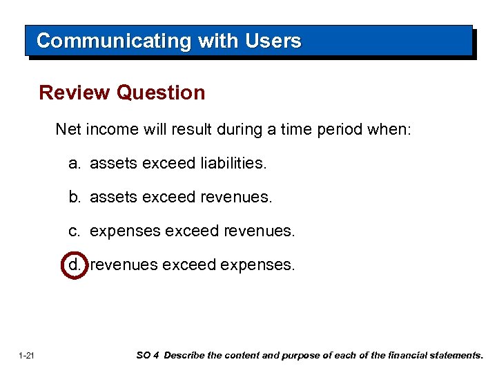 Communicating with Users Review Question Net income will result during a time period when: