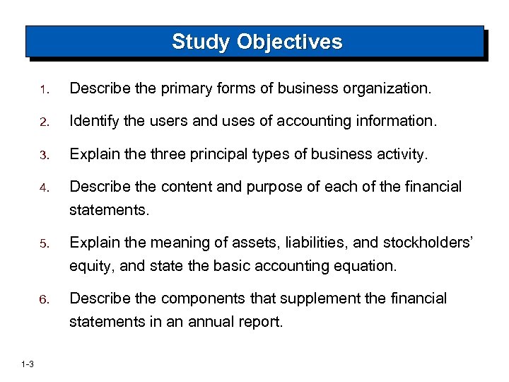 Study Objectives 1. 2. Identify the users and uses of accounting information. 3. Explain