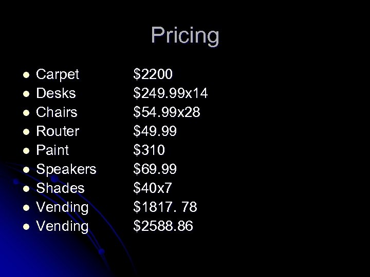 Pricing l l l l l Carpet Desks Chairs Router Paint Speakers Shades Vending
