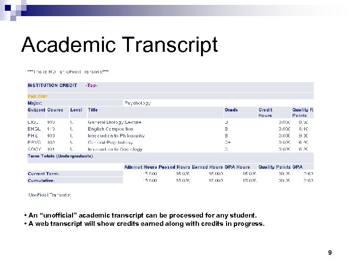 Academic Transcript • An “unofficial” academic transcript can be processed for any student. •
