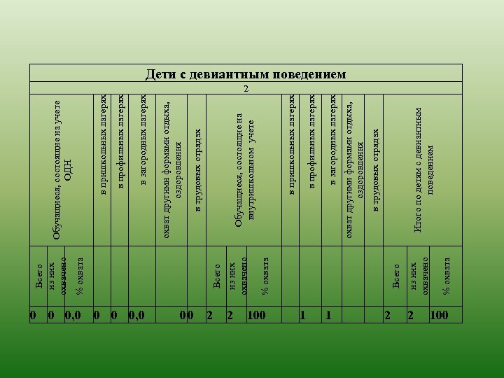 0 0 0, 0 в пришкольных лагерях Обучащиеся, состоящие на учете ОДН 0 0