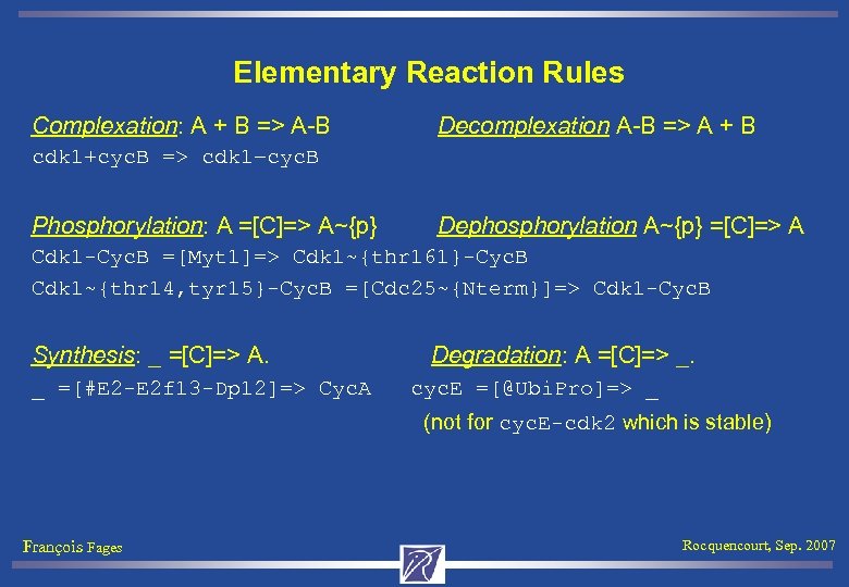 Elementary Reaction Rules Complexation: A + B => A-B Decomplexation A-B => A +