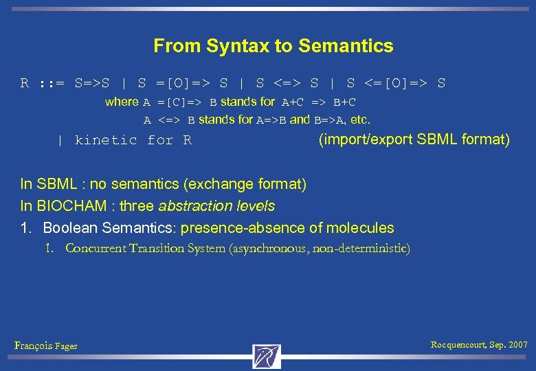 From Syntax to Semantics R : : = S=>S | S =[O]=> S |