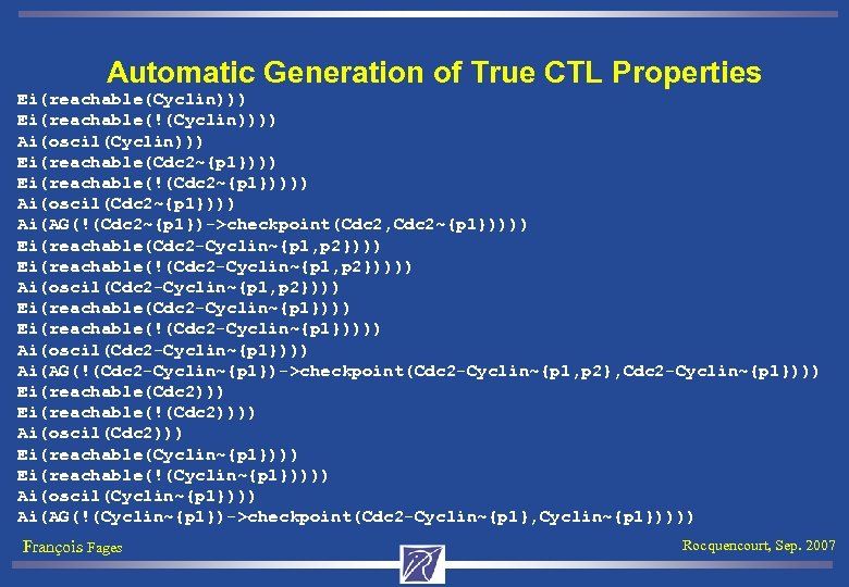 Automatic Generation of True CTL Properties Ei(reachable(Cyclin))) Ei(reachable(!(Cyclin)))) Ai(oscil(Cyclin))) Ei(reachable(Cdc 2~{p 1}))) Ei(reachable(!(Cdc 2~{p