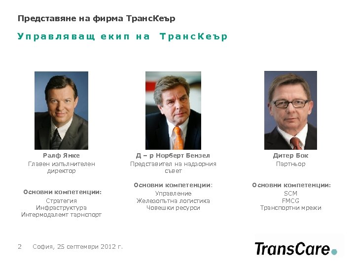 Представяне на фирма Tранс. Кеър Управляващ екип на Ралф Янке Главен изпълнителен директор Основни