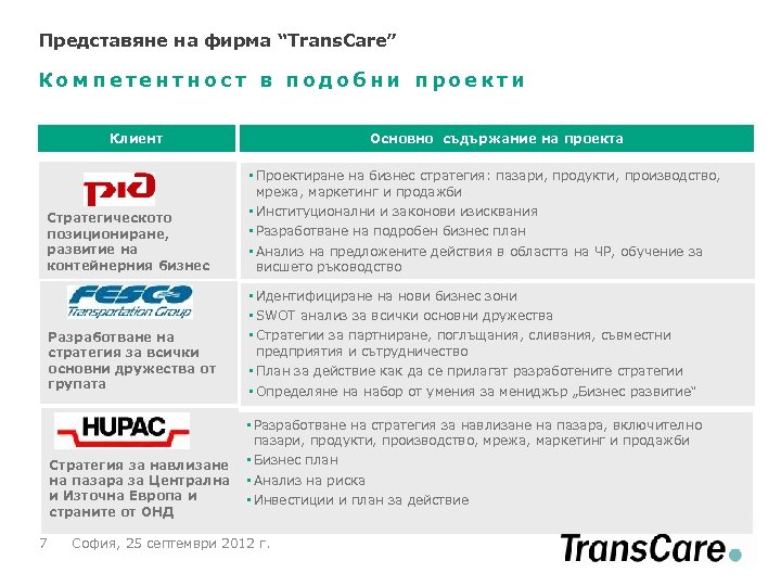 Представяне на фирма “Trans. Care” Компетентност в подобни проекти Клиент Стратегическото позициониране, развитие на