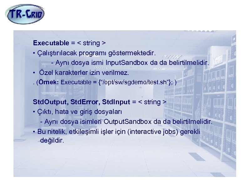 JDL Nitelikleri(2) Executable = < string > • Çalıştırılacak programı göstermektedir. - Aynı dosya