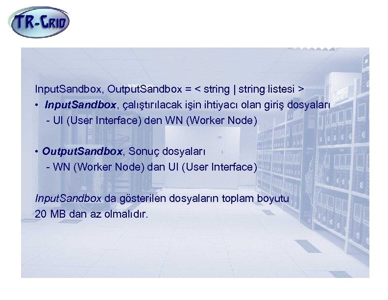 JDL Nitelikleri(3) Input. Sandbox, Output. Sandbox = < string | string listesi > •