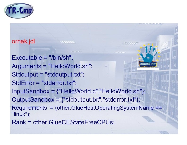 Örnek JDL Dosyası ornek. jdl Executable = "/bin/sh"; Arguments = "Hello. World. sh"; Stdoutput
